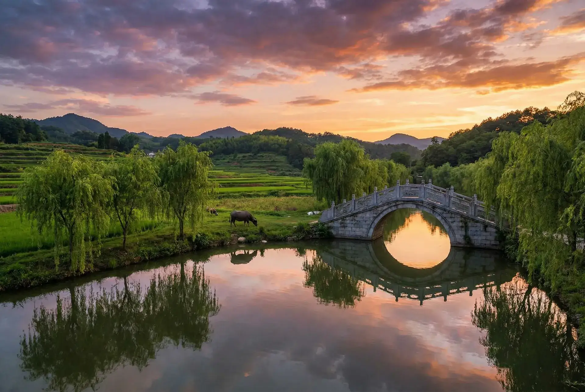 夕阳下的石拱桥与垂柳，水牛在河边吃草 - 大泽佑香电影 乡村美景